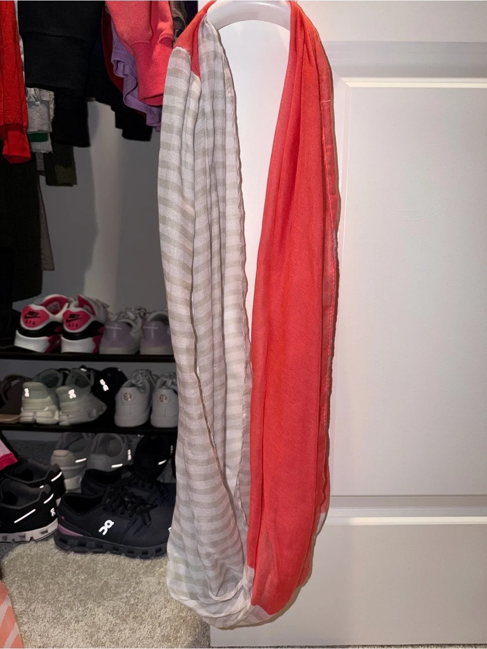 Lightweight Coral and Beige Stripe Infinity Scarf
